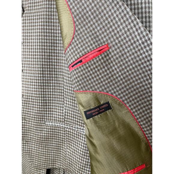 MAZARI Men's Taupe 3PC Modern Fit Gingham Check Paris Vested Suit 50R Pants 44 W - Picture 5 of 9